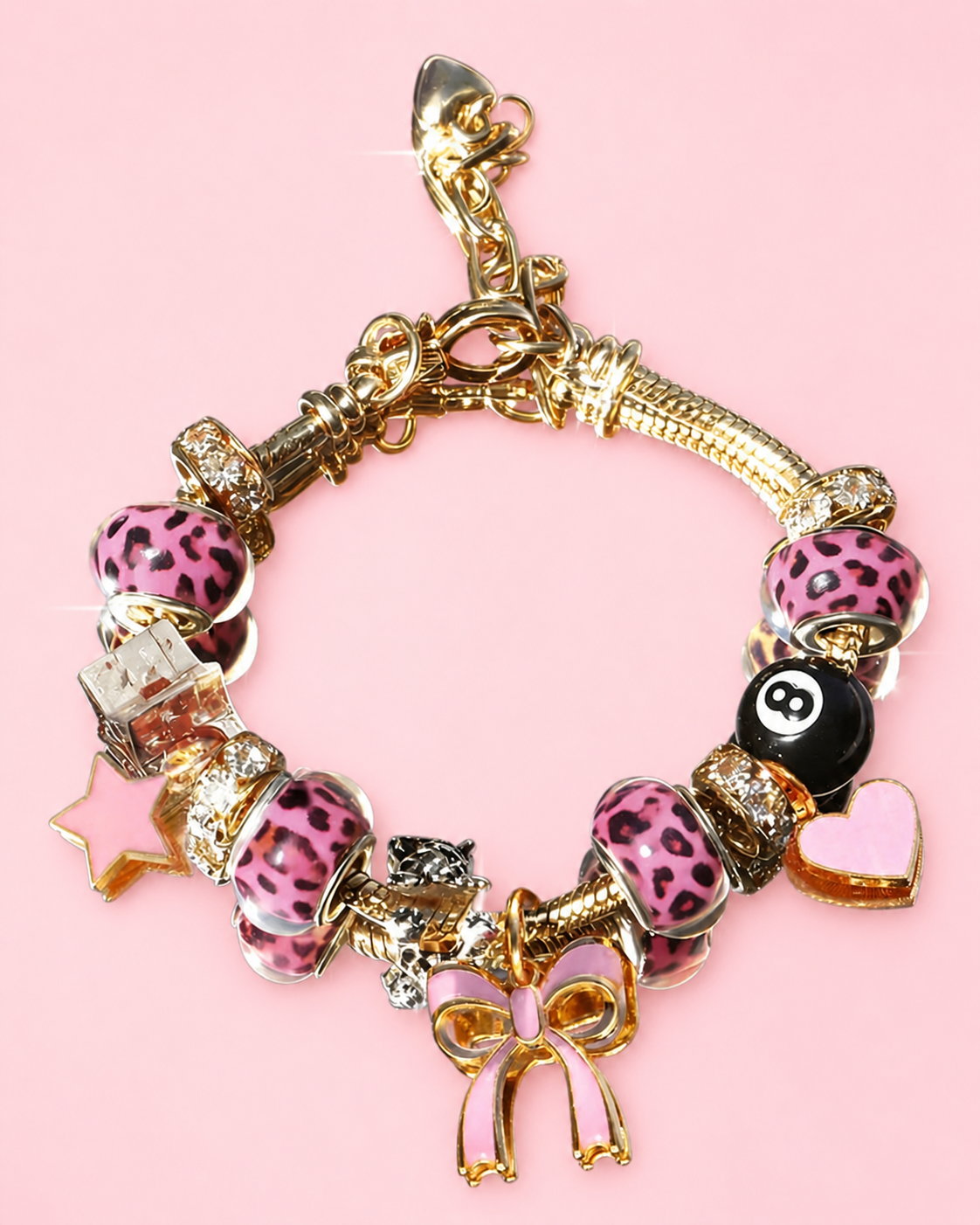 Pink cheetah 8ball Charm Bracelet